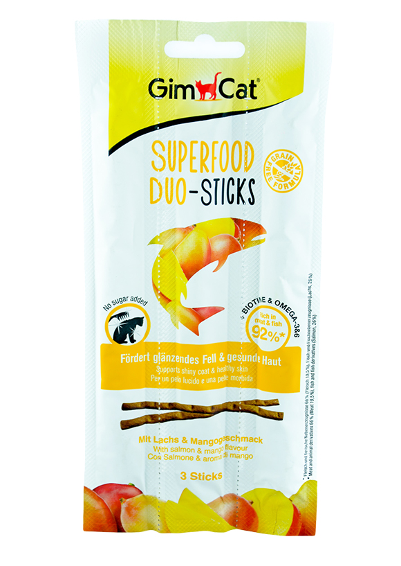 GIMCAT SUPERFOOD DUO-STICKS Z ŁOSOSIEM I MANGO PRZYSMAK DLA KOTA