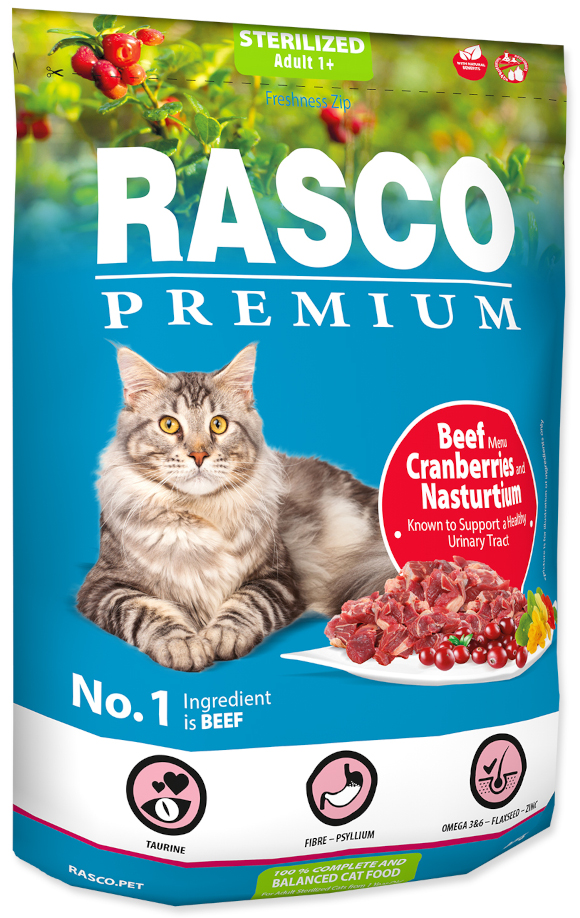 RASCO PREMIUM CAT STERILISED KARMA DLA KOTA - z wołowiną żurawiną i nasturcją